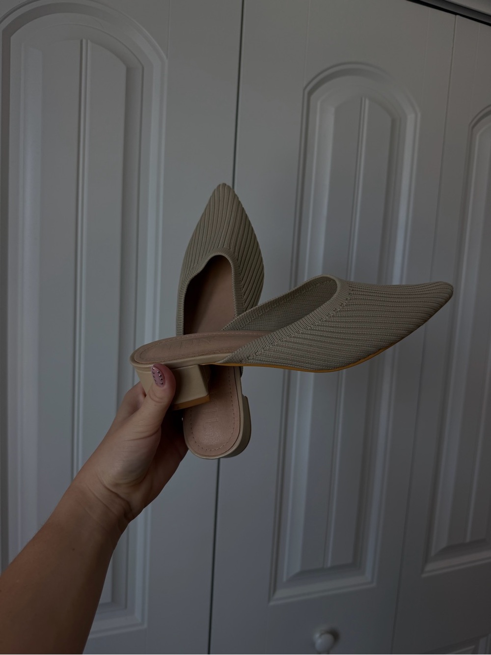 Pointed Knit Slip-On Mules in Beige - Women's Low Block Heel
